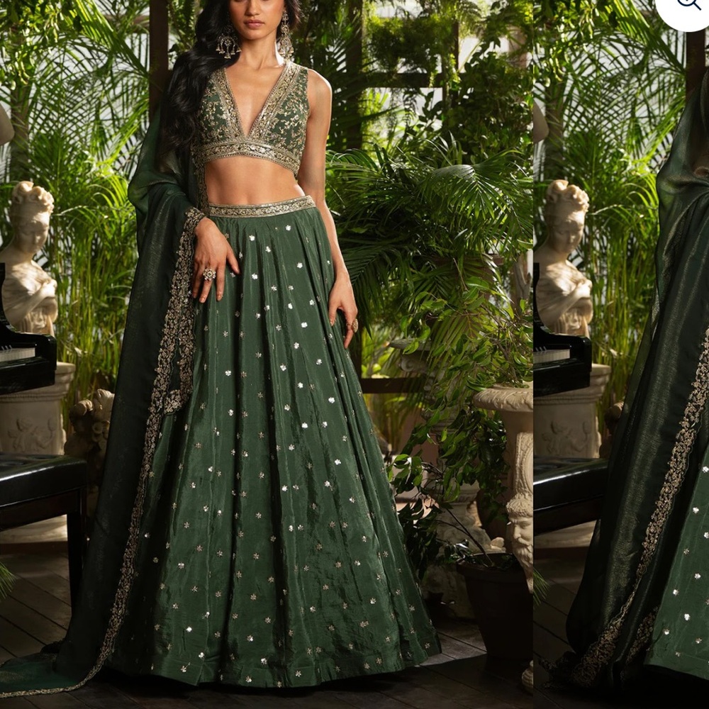 Dark Green Embroidered Crepe Silk Lehenga - Lashkaraa